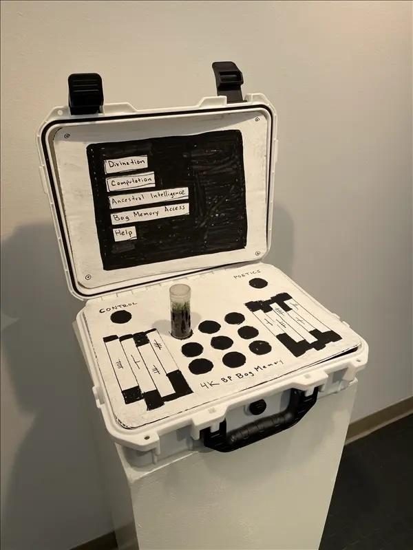 A white Pelican case propped open, its lid showing a hand-drawn dark UI with menu items: Divination, Computation, Ancestral Intelligence, Bog Memory Access, Help. The base has buttons and switches drawn on white paper.